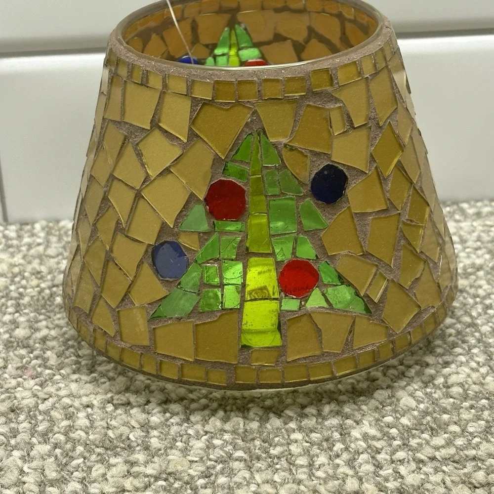 Home Interior Candle Cover Christmas Tree New W‎ Tag Stained Glass Gold Tiles